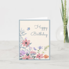 水色パステルフラワーバタフライ誕生日 カード