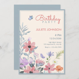 水色パステルフラワーバタフライ誕生日 招待状