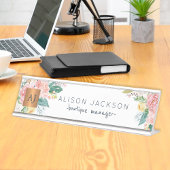 水色パステルフローラ金ゴールドモノグラムの銅 デスクネームプレート