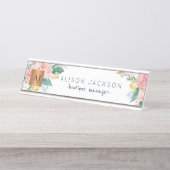 水色パステルフローラ金ゴールドモノグラムの銅 デスクネームプレート (正面)