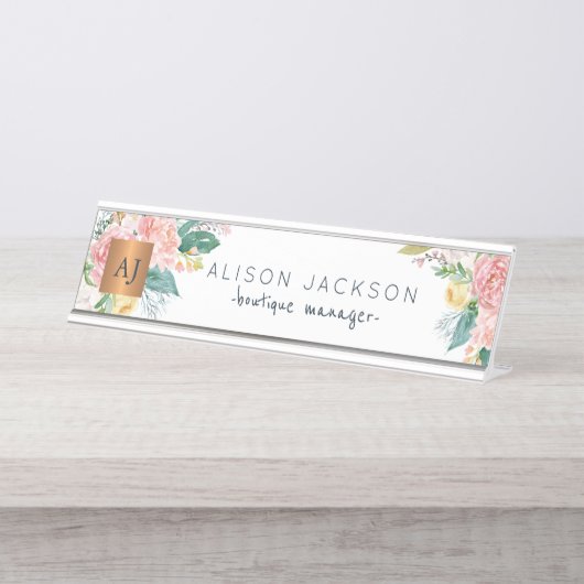 水色パステルフローラ金ゴールドモノグラムの銅 デスクネームプレート (正面)