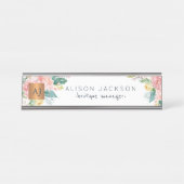 水色パステルフローラ金ゴールドモノグラムの銅 デスクネームプレート (正面)