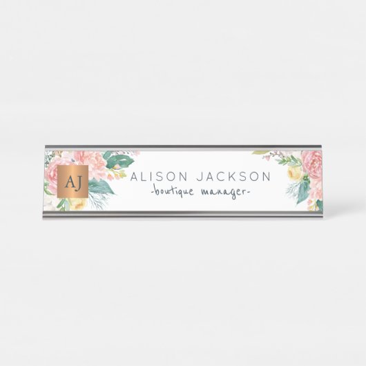 水色パステルフローラ金ゴールドモノグラムの銅 デスクネームプレート (正面)