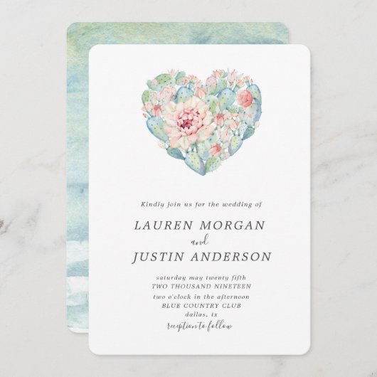 水色パステル多肉性ハート結婚ズ 招待状 (正面/裏面)