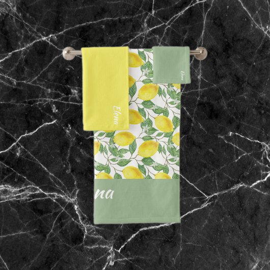 水色パステル緑の黄色のレモンのパターン名 バスタオルセット