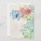 水色パーソナライズされたの蝶と赤バラ セーブザデート (裏面)