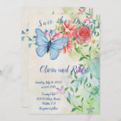 水色パーソナライズされたの蝶と赤バラ セーブザデート (正面/裏面)