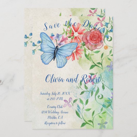 水色パーソナライズされたの蝶と赤バラ セーブザデート (正面/裏面)