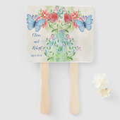 水色パーソナライズされたの蝶と赤バラ ハンドファン (正面&裏面)