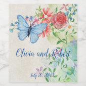 水色パーソナライズされたの蝶と赤バラ ワインラベル (シングルラベル)