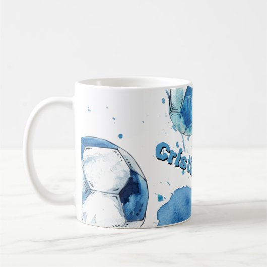 水色パーソナライズされたサッカー コーヒーマグカップ (左)
