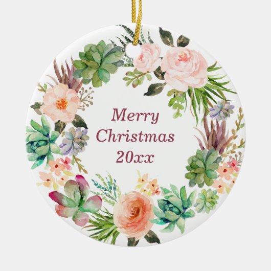 水色パーソナライズされたフローラリースセラミックオーナ セラミックオーナメント (正面)