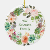 水色パーソナライズされたフローラリースセラミックオーナ セラミックオーナメント (裏面)