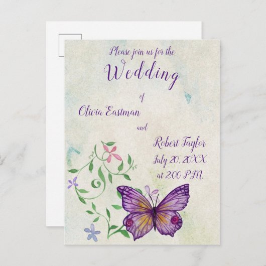 水色パーソナライズされた紫の蝶 インビテーションポストカード (正面/裏面)