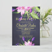 水色パープルピンクのシックなフローラ誕生日パーティー 招待状 (スタンド正面)