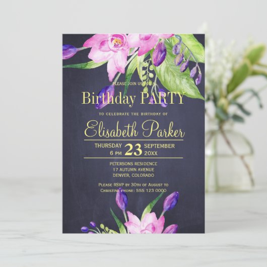 水色パープルピンクのシックなフローラ誕生日パーティー 招待状 (スタンド正面)
