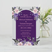 水色パープルピンクのバラのハロウィン結婚の花 招待状 (スタンド正面)