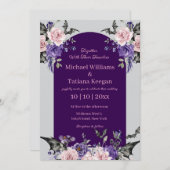 水色パープルピンクのバラのハロウィン結婚の花 招待状 (正面/裏面)