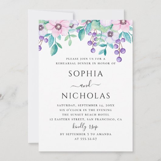 水色パープルピンクフローラリハーサルディナー 招待状 (正面)