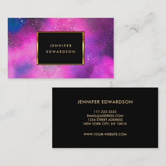水色パープルピンク（ばちゃばちゃ）跳ねるスプラッシュ金ゴールドフレーム 名刺 (正面/裏面)