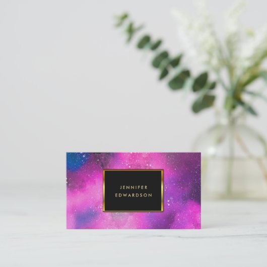 水色パープルピンク(ばちゃばちゃ)跳ねるスプラッシュ金ゴールドフレーム 名刺 (スタンド正面)