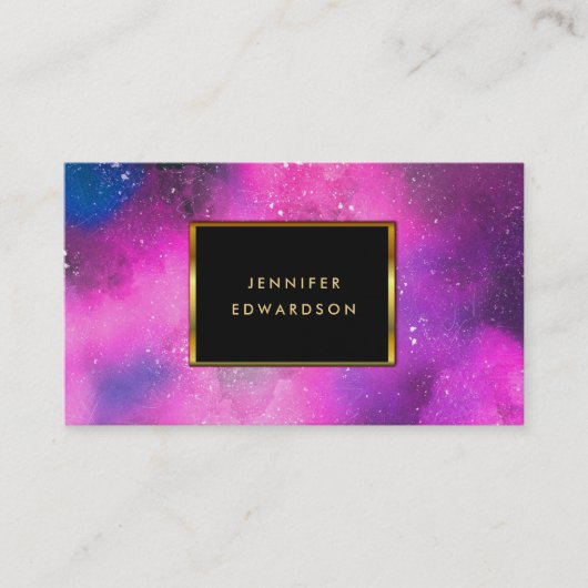 水色パープルピンク(ばちゃばちゃ)跳ねるスプラッシュ金ゴールドフレーム 名刺 (正面)