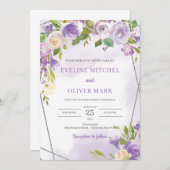 水色パープルフローラシルバーフレ結婚ーム 招待状 (正面/裏面)