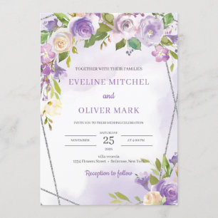 水色パープルフローラシルバーフレ結婚ーム 招待状