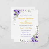 水色パープルフローラモダン金ゴールドシ結婚ック 箔招待状ポストカード (正面/裏面)