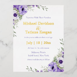 水色パープルフローラモダン金ゴールドシ結婚ック 箔招待状ポストカード