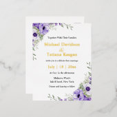 水色パープルフローラモダン金ゴールド結婚 箔招待状ポストカード (正面/裏面)