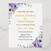 水色パープルフローラモダン金ゴールド結婚 箔招待状ポストカード (正面)