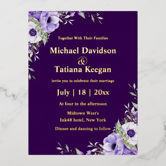 水色パープルフローラ金ゴールドスクリプ結婚ト 箔招待状ポストカード (正面)