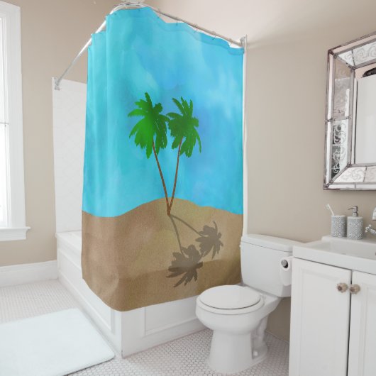 水色パームツリービーチシーンコラージュシャワーCu シャワーカーテン (インサイチュ)