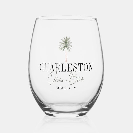 水色パームデスティネーションウェディングのお気に入り ステムなしワイングラス (正面)