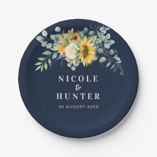 水色ヒマワリ結婚ユーカリ ペーパープレート (正面)
