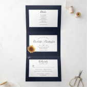 水色ヒマワリ·ネービーブルー·結婚オール·イン·ワン 三つ折り招待状 (内部)