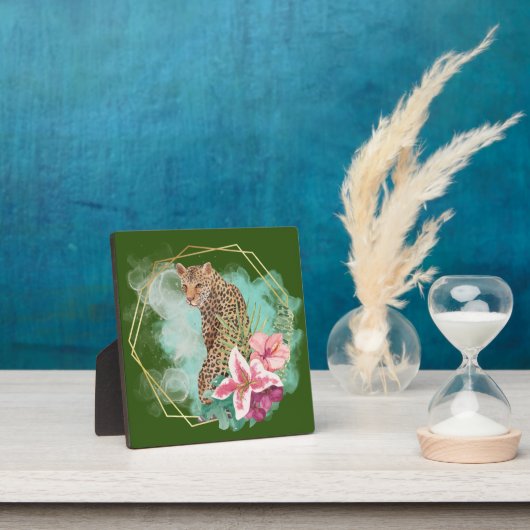水色ヒョウとトロピカルフレーム卓上 フォトプラーク (インサイチュ)