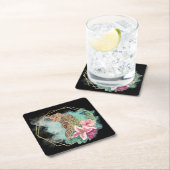水色ヒョウとトロピカルフレーム スクエアペーパーコースター (インサイチュ)