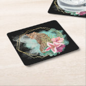 水色ヒョウとトロピカルフレーム スクエアペーパーコースター (アングル)