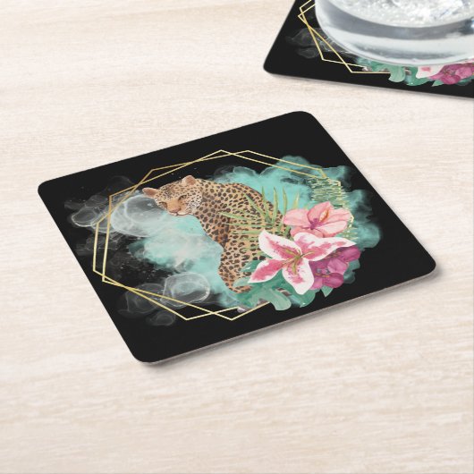 水色ヒョウとトロピカルフレーム スクエアペーパーコースター (アングル)