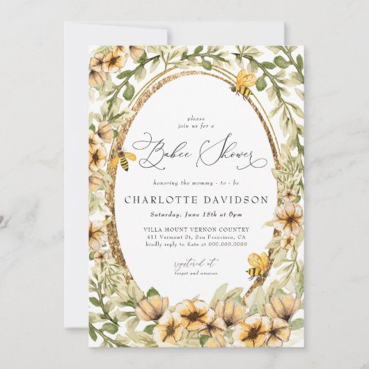 水色ビーイエローフローラニュートラルベビーシャワー 招待状 (正面)