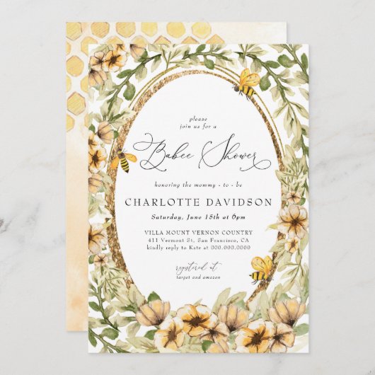 水色ビーイエローフローラニュートラルベビーシャワー 招待状 (正面/裏面)