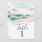 水色ビーチ波素朴結婚のテーブル番号 招待状 (正面/裏面)