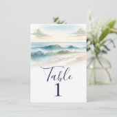 水色ビーチ波素朴結婚のテーブル番号 招待状 (スタンド正面)