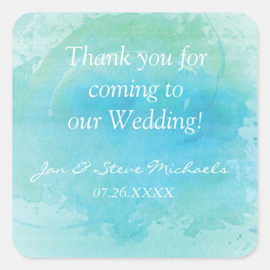 水色ビーチ海の結婚ステッカーラベルの好意 スクエアシール (正面)