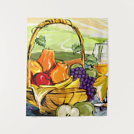 水色ピクニックフルーツバスケットとワインタペストリー タペストリー (正面)