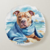 水色ピットブルテリアオンビーチ ラウンドクッション (裏面)