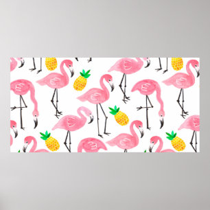 水色ピンクのインクフラミンゴと黄色のパイナップル ポスター
