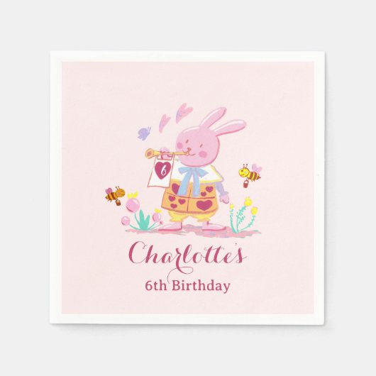 水色ピンクのウサギの庭の子供の誕生日 スタンダードカクテルナプキン (正面)